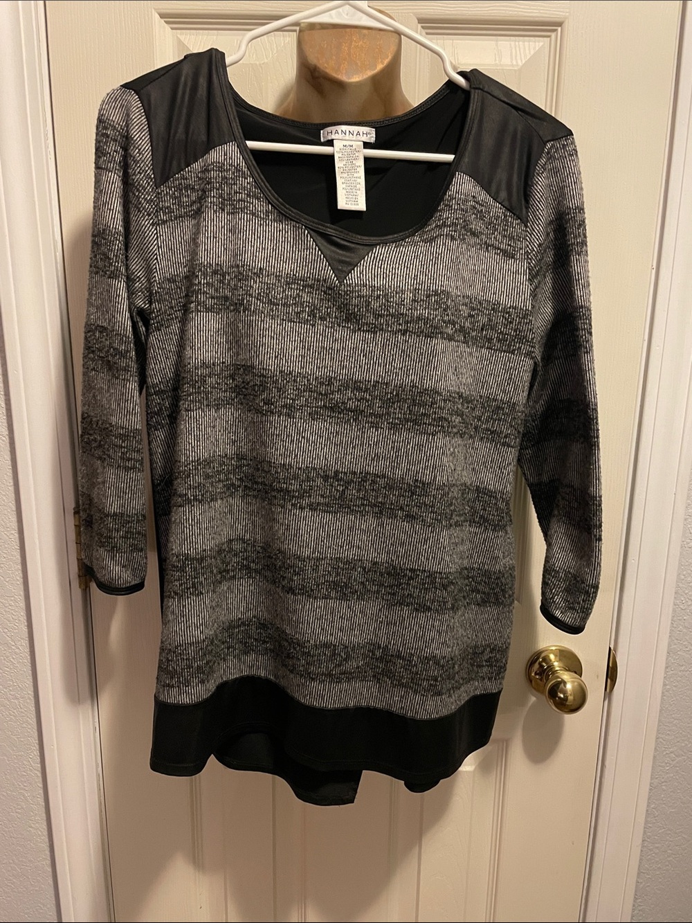 Hannah Black & Gray Striped Knit Top with Faux Leather Accents